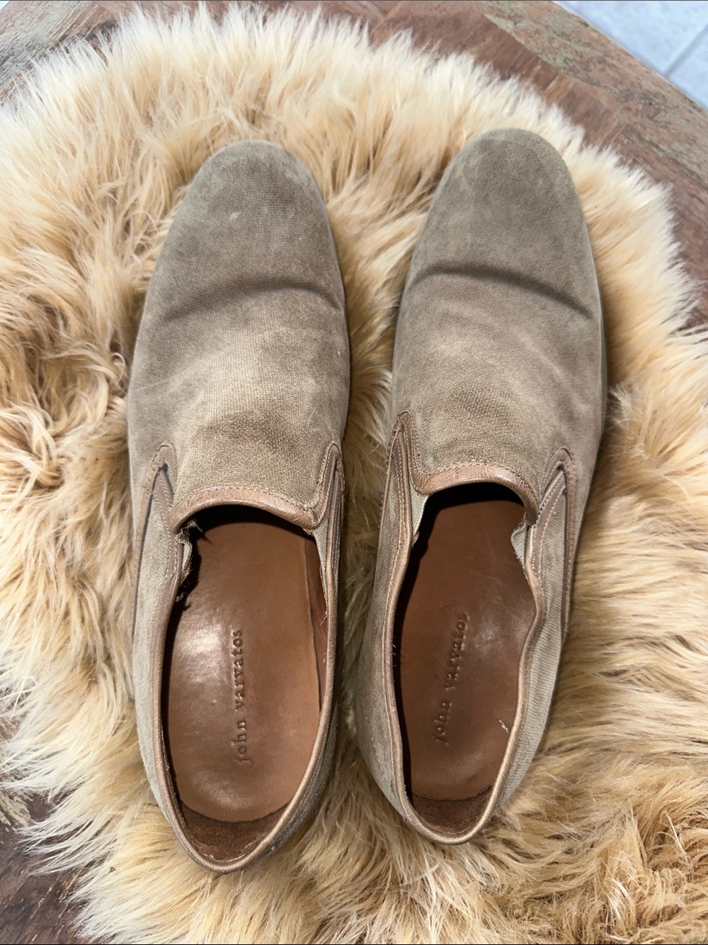 John Varvatos Vibram Taupe Suede Slip-On Loafers
